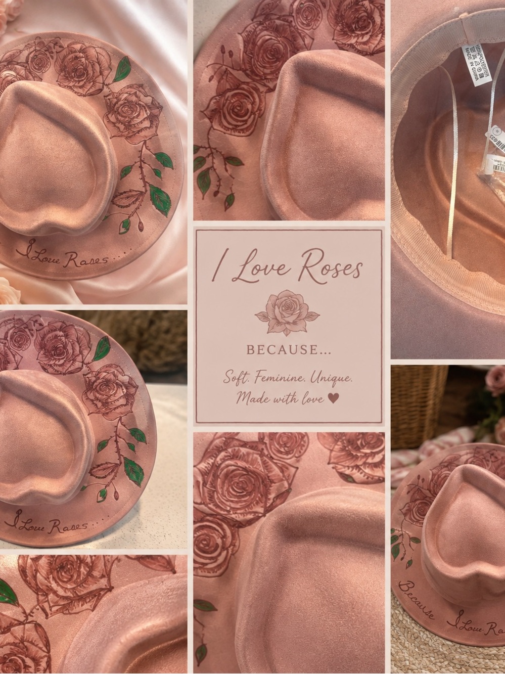 Pink Rose-Illustrated Felt Hat - "I Love Roses"